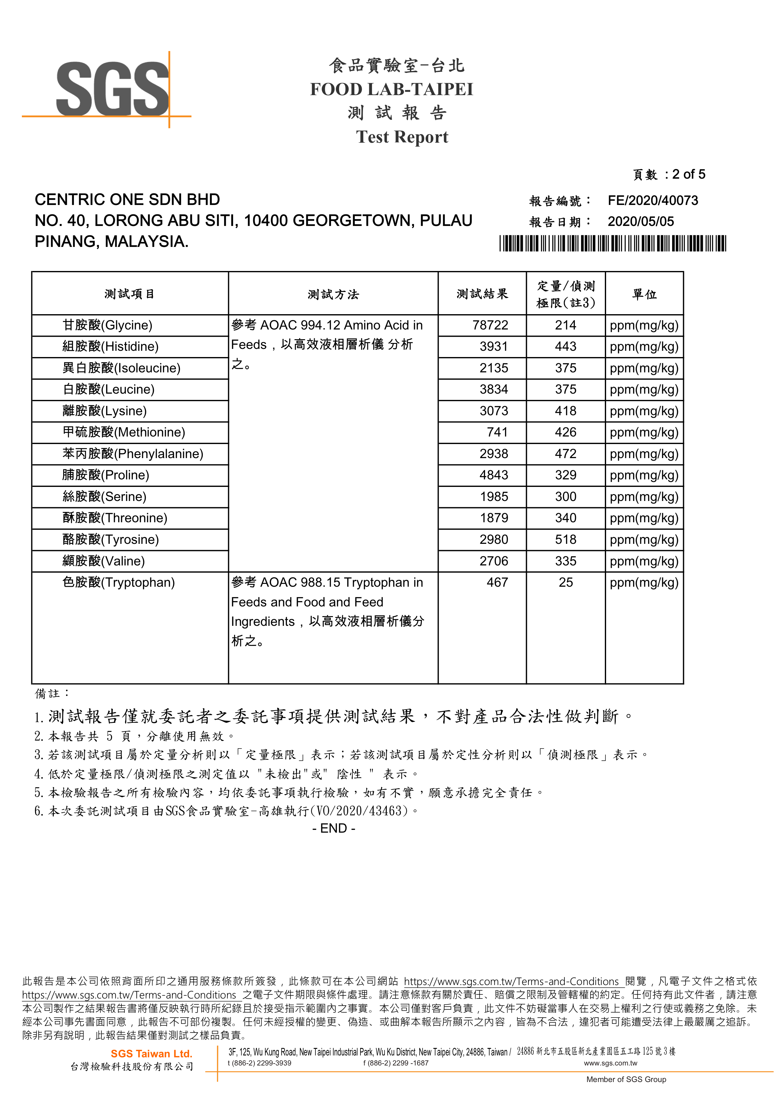 SGS 台北食品实验室测试报告 FE/2020/40073 第 2 页